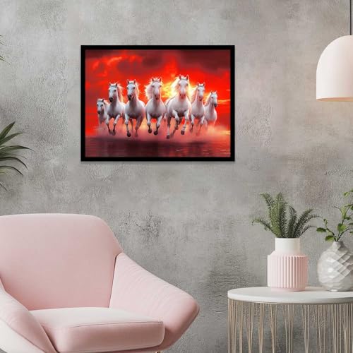 Image of HOTHOUSE 7 Horses Vastu Frame Wall Art Painting for Living Room Bedroom Office Home Decor | Seven Running Vastu Lucky Horse Rising Sun Painting Wall Decor Size (13X17 inch)