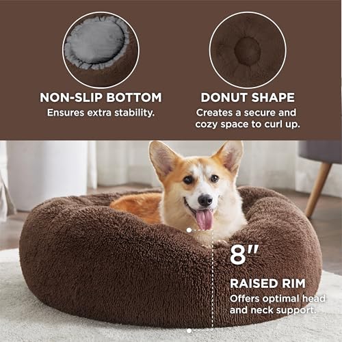Image of Bedsure Calming Dog Bed for Medium Large Dogs - Donut Washable Large Pet Bed, 33 inches Anti-Slip Round Fluffy Plush Faux Fur Dog Bed, Coffee