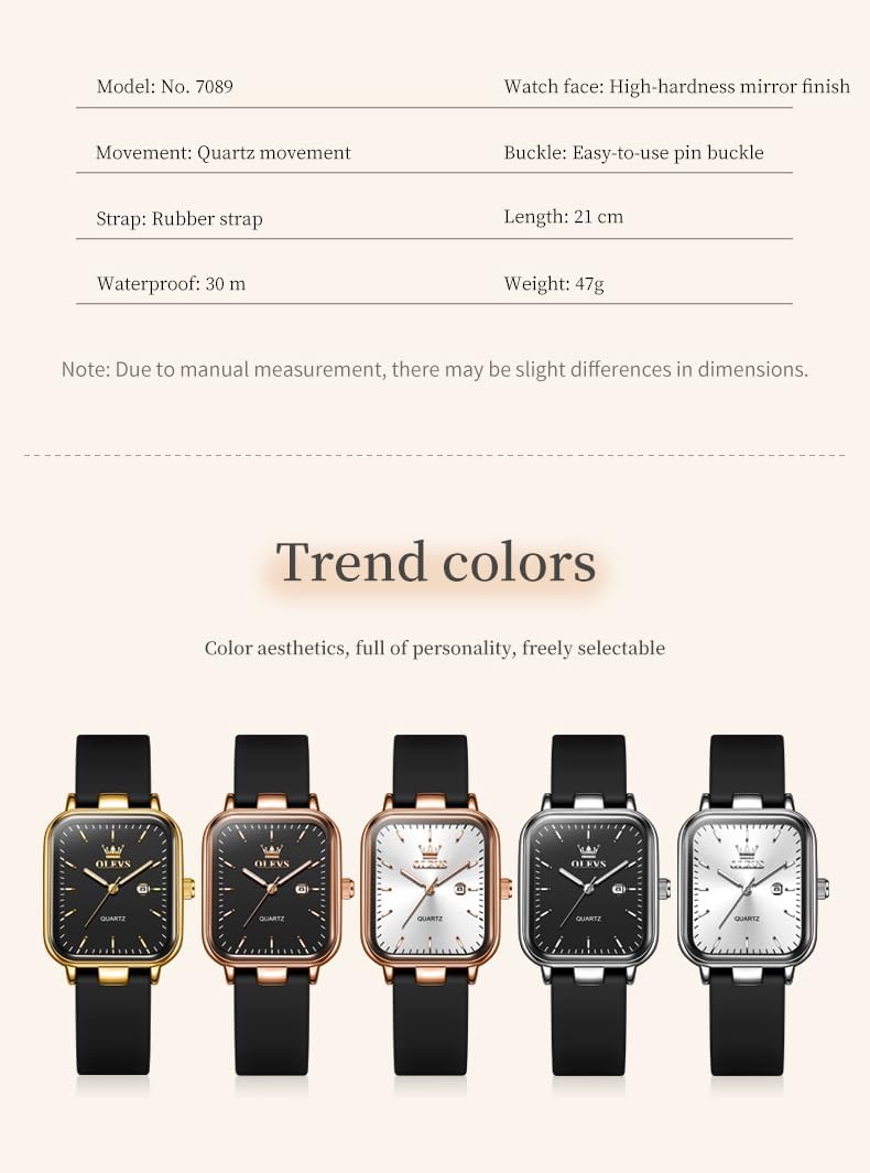 OLEVS Watch for Women Quartz Square Dial Analog Wristwatch Silicone Waterproof Classic Elegant Design Ideal Daily Wear Gift - Image 6