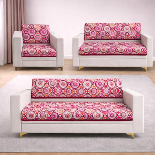 Image of Homerz Premium 6 (3+2+1) Seater Velvet Sofa Panel Cover with Digital Prints | Anti-Slip Backing (Pink Rangoli, 6 (3+2+1) Seater with Back)