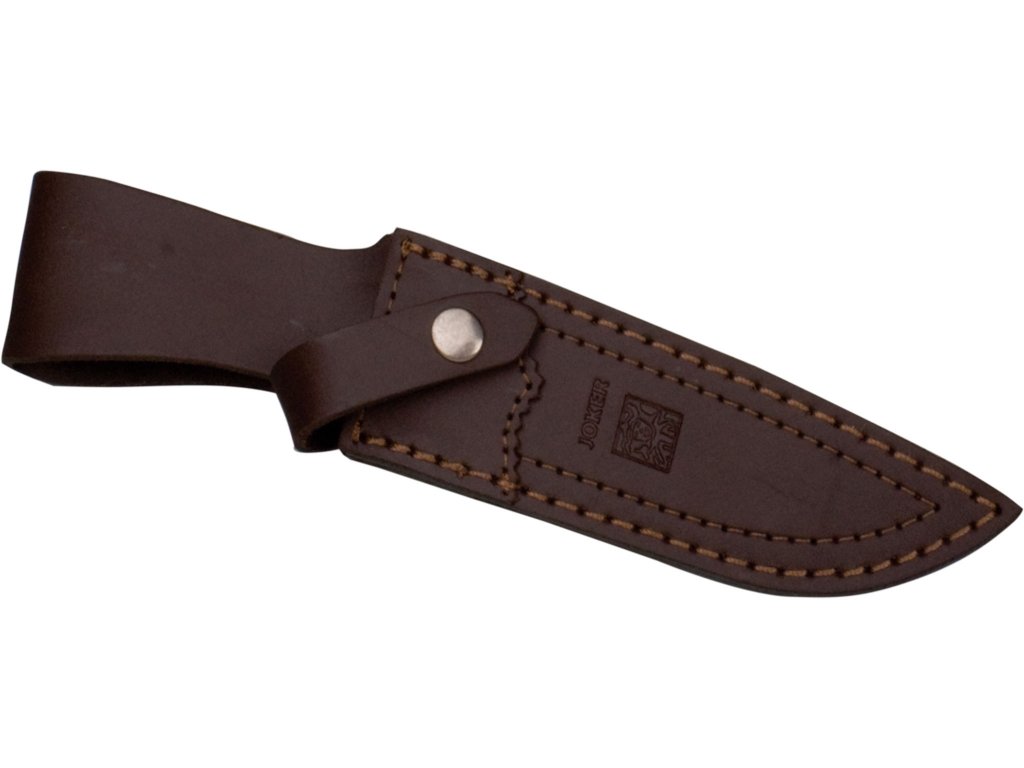 Joker Cuchillo de monte Tigre CC33, con cachas en asta de ciervo y hoja MOVA de 14 cm, funda de cuero, cruceta inox, herramienta de pesca, caza, camping y senderismo