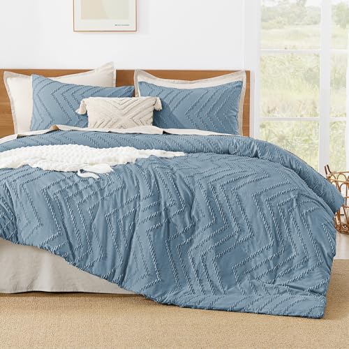 Image of Litanika Boho Queen Comforter Set, 3 Pcs Grayish Blue Lightweight Bedding