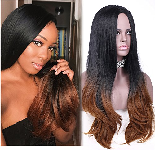 aSulis Ombre Brown Long Natural Straight Black Roots Brown Ombre Synthetic Wigs for Women Middle Parting wigs 26" 240g (Ombre Brown)