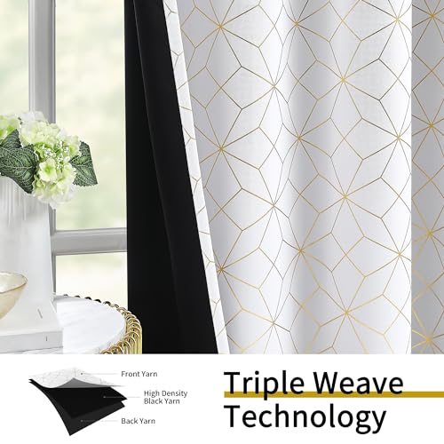 Beauoop 100% Blackout Curtains 96 Inches Long for Bedroom Living Room Moroccan Gold Patterned Drapes Thermal Insulated Grommet Top Window Treatment Panels Set of 2, White/Gold by Beauoop - Image 3