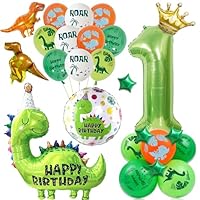 Dinosaur 1st Birthday Balloons Decorations - Green Large Dino and Numbe 1 Foil Balloon, Mini Stars Crown Dinasour Balloons for Kids 1 Year Old Dinosaurs Jungle Party