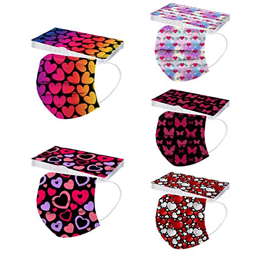 50Pack Holiday Disposable Face Masks for Women Valentines Day 2024 Adult Anti-Dust Love Heart Print Valentine's Day