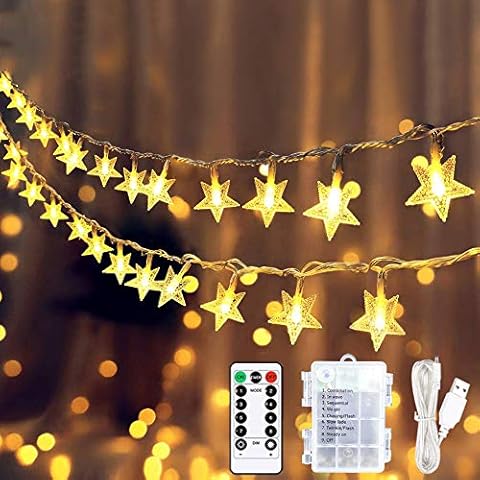 Led Star Fairy Lights, 9M 60 LED String Lights with Remote& Timer, USB or Battery Powered 8 Modes Decorative Lights for Christmas Indoor Outdoor Bedroom Party Garden Patio Decoration - Warm White Cover