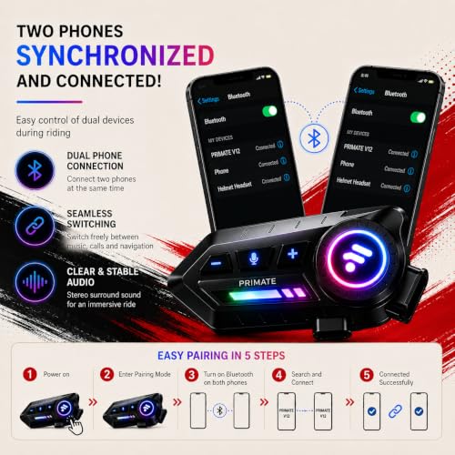 Image of Primate Motorcycle Bluetooth Helmet Headset - Dual Phone Connection, IP67 Waterproof, Hands-Free Music & GPS (White 10)