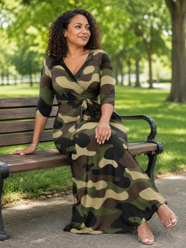 Image of Plus Size Dresses for Women Print Maxi Dresses 3 /4 Sleeve with Belt