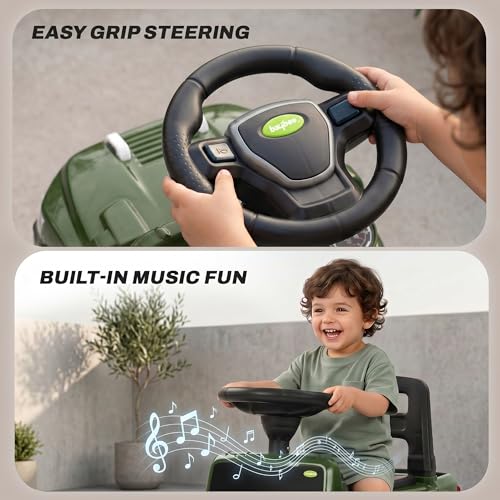 Image of Baybee Speedy Baby Ride on Car for Kids | Portable Kids Car with LED Lights, Music & Storage Basket | Push Toy Cars with High Backrest | Toddler Rideons Jeep for 1 to 3 Years Boys Girls (Dark Green)