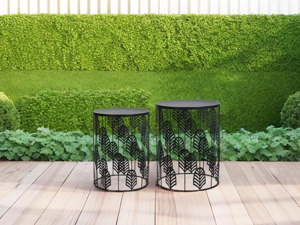 Joveco Black Nesting Round Side End Tables Set of 2- Coffee Tea Table Mid Century Night Stands for Living Room Bedroom Outdoor, Black Double-Leaf