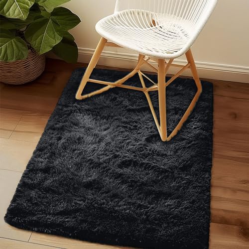 Fluffy Rug Washable 2x3 Feet, Pure Black Desk Chair Rug Non-Slip, Super Soft Kids Rug for Boys Nursery Dorm Decor
