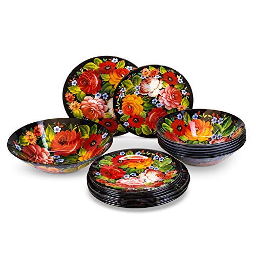 Tafelservies, serviesset van glas voor 6 personen, 19-delig, Ruslandmotieven, Chochloma-schilderpatroon, 6 x soepborden, 6 x dessertborden, 1 x slakom (Zhostovo) - Image 5
