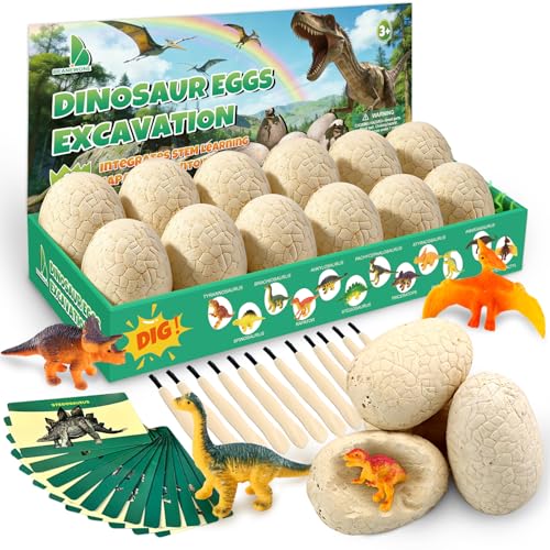 Beanewone Dino Eggs Dig Kit, 12 Dinosaur Eggs & Unique Dinosaur Toys, Archaeology Science STEM Gift, Easter Eggs for Kids 3-12 Boys Girls (White)