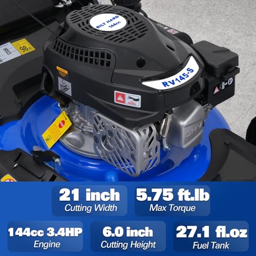 Image of BILT HARD 21 Inch Lawn Mower Gas Powered, 4-Cycle 144cc Engine, 3-in-1 Push Lawnmower with Bagging, Mulching & Side Discharge, Adjustable 8-Positions Cutting Height, Easy Start