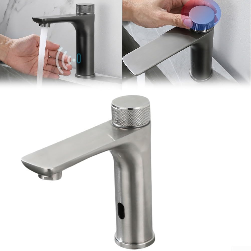 Zilimontt Rubinetto con sensore a infrarossi, in acciaio inox, touchless, automatico per lavabo, miscelatore per acqua calda e fredda, controllo della temperatura per bagno