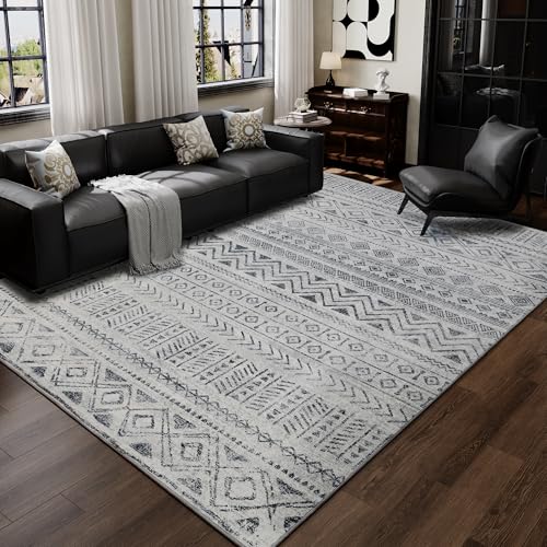HOYAWU 8x10 Rugs for Living Room, Soft Machine Washable Rug, Moroccan Large Non Slip Rug, Low-Pile Faux Wool Area Rug for Bedroom Living Room Dining Room Kitchen Office, Grey