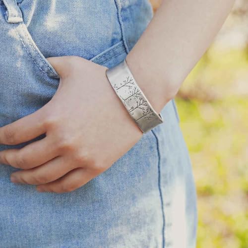 Pewter Cuff Engraved Bracelet with Heart, Flowers and Branches Handcrafted Nature Inspired Bangle Jewelry Gift for Women Mom Wife Gift4