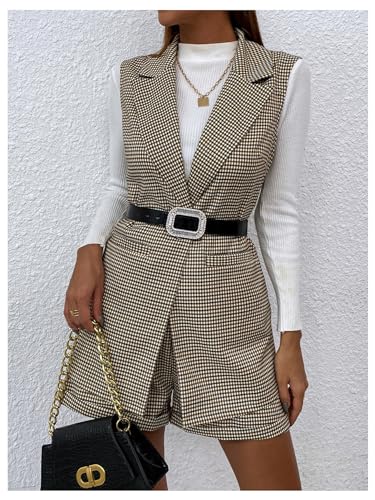 MakeMeChic Women's 2 Piece Outfit Gingham Print Lapel Neck Button Front Blazer Vest and Shorts Business Suit Set4