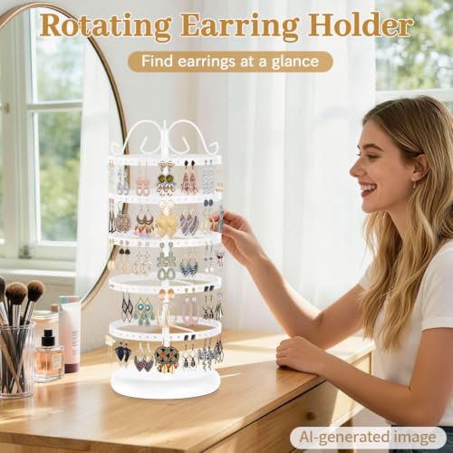 Image of MODOWEY Rotating Earring Holder Organizer Stand, 5 Tier Metal Tree Display for Women Vendors, 220 Holes Adjustable Jewelry rack for Stud Hoop Dangle Storage, Trendy Carousel Keeps Dresser Neat, White