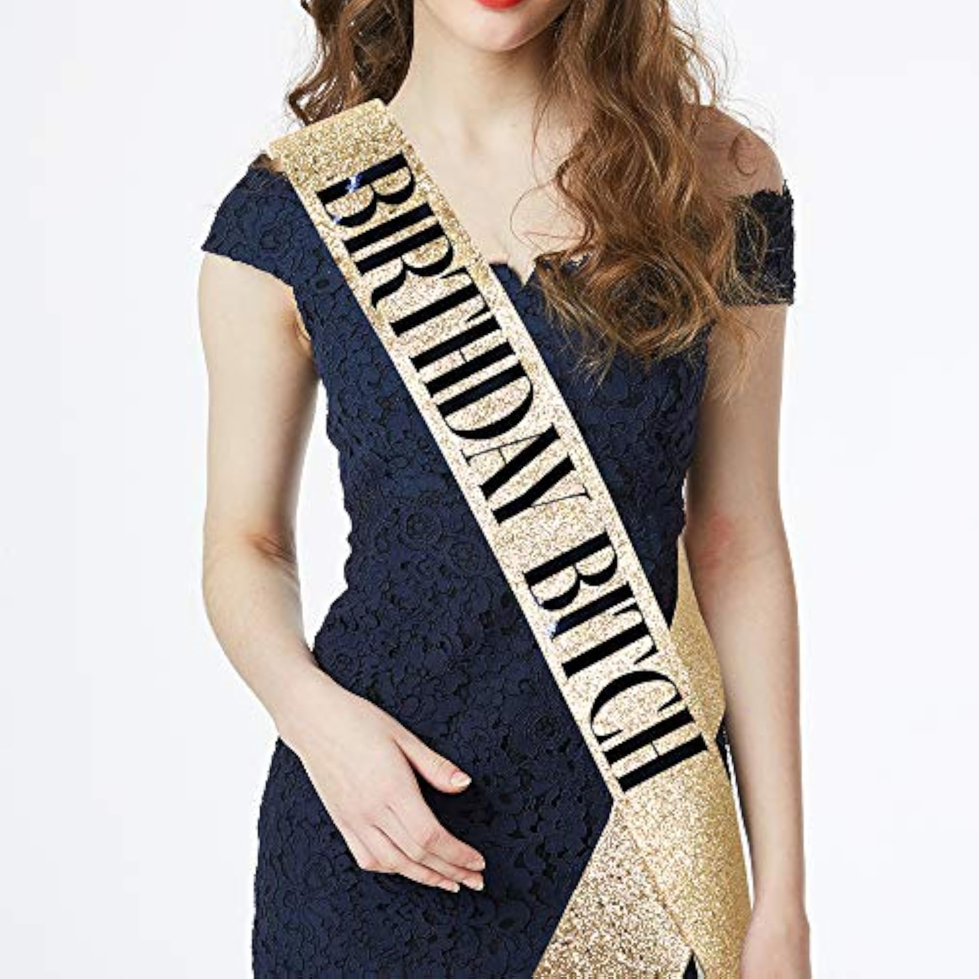 Birthday Bitch Sash & Rhinestone Tiara Kit, Gold Glitter