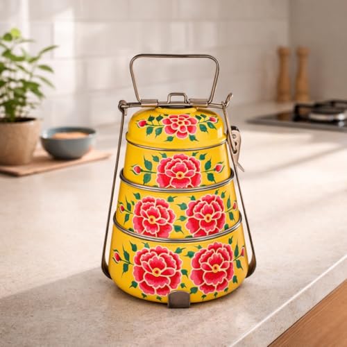 Image of iHandikart Handpainted Decorative Lunch Box Tiffin | Multiple Tier Stainless Steel Food Box | Designer Indian Print Tiffin for School | Diwali Gift, Navratri Gift (Color - Multicolor)