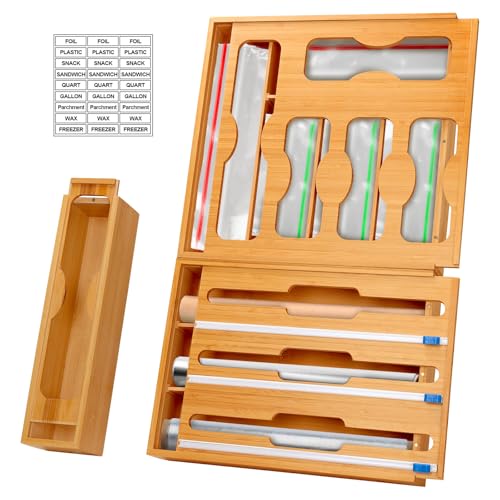 comfoyar 9 in 1 Dispensador Papel Aluminio y Film de Bambú con Cortador, Organizador de Bolsa de Almacenamiento con Deslizador para Cajones de Cocina, para Galón, Quart, Bocadillo Bolsa, Rollo de 12"