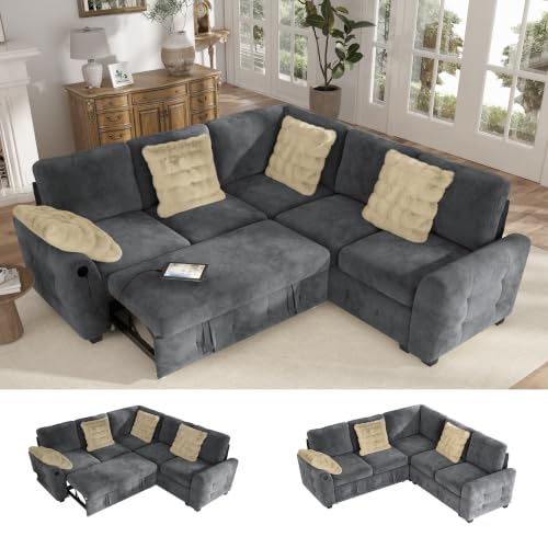 Image of Hanherry Sectional Sofa with Pull Out Couch Bed,Chenille Sleeper Sofa with 2 Seat Storage & USB Charging,Comfy L Shaped Modular Couches for Living Room,Apartment