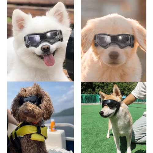 Voarge Sonnenbrille für Hunde UV Schutzbrille, Sonnenbrille mit Einstellbar Gummiband, Winddichte Hunde Motorradbrille, Schwarz, M