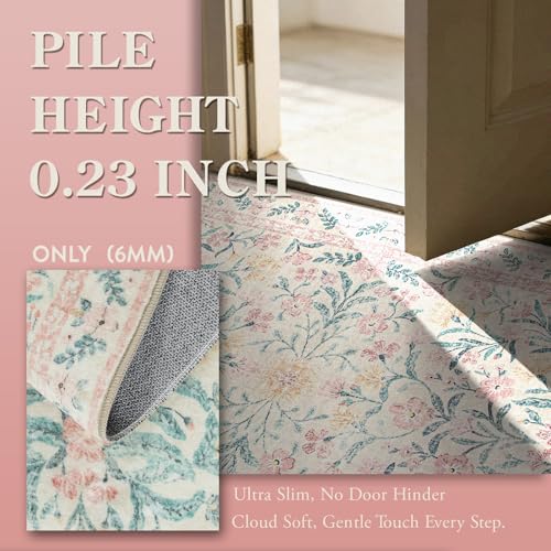 Lahome Sylvie Pink Bedroom Rug for Girls Room Decor, 5x7 Washable Cute Playroom Nursery Rug, Soft Floral Low Pile Carpet for Kids Living Dining Room Indoor, Pink/Multi