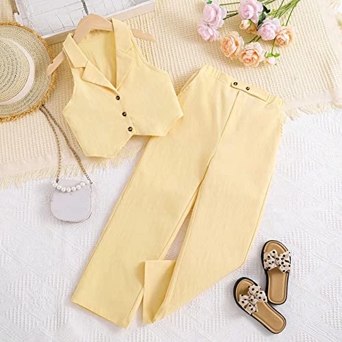 Girls Summer Outfits Button Front Bl𝐚zer Jacket Sleeveless Vest Tops Wide Leg Pants Kids Loungwear Set 2PCS2