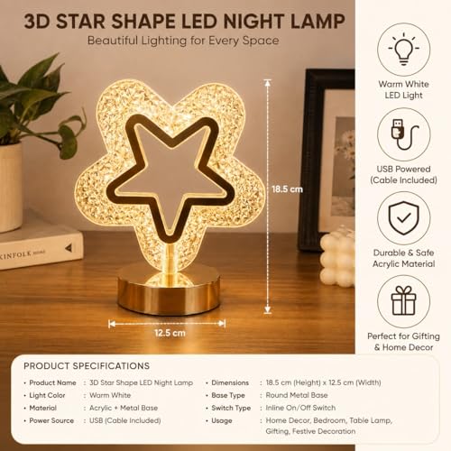 Image of Crystal Star LED Table Lamp - Aesthetic Warm White Night Light, Decorative Bedside Lamp with Golden Metal Base for Bedroom, Living Room, Home Decor & Gifting