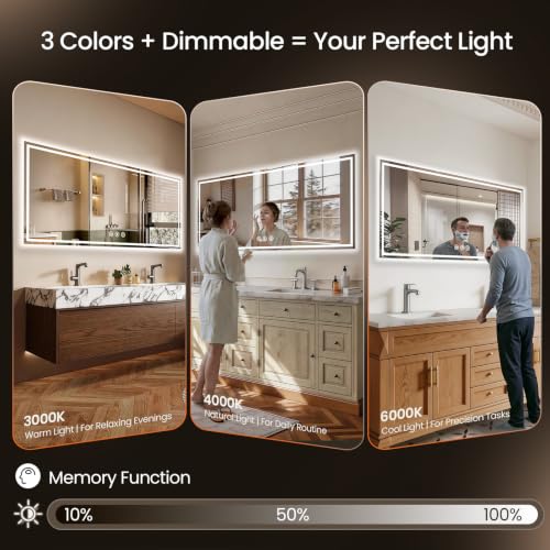 Image of 72x32 LED Bathroom Mirror with Anti-Fog, Backlit & Front Lit, Memory | Stepless Dimmable 3 Color CRI 95+ Shatterproof Tempered Glass ETL Listed for Safety Lighted Bathroom Vanity Mirror for Wall