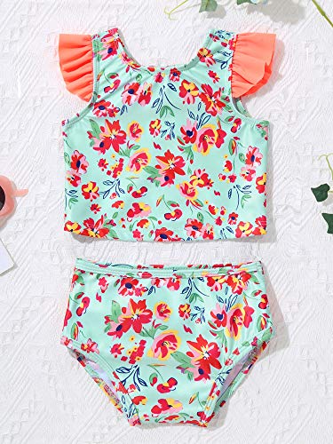 Yeahdor Infant Baby Girls 2 Pcs Beach Tankini Set Flower Printed V Back Top with Brief Bathing Suit Orange 3-6 Months