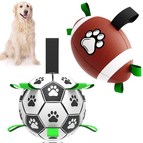 QDAN Dog Soccer Ball Football Set - 2 PCS Dog Balls with Strap for Tug of War, Soccer Ball Football Toys for Small Medium Large Dogs, Herding Ball for Dogs, Dog Birthday Toy Soccer Football