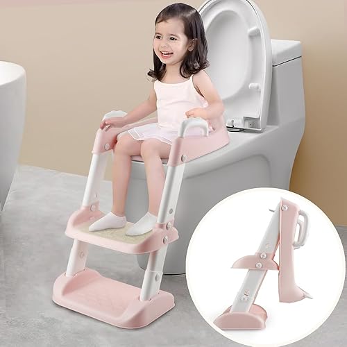 Miniatura 10 de PandaEar Asiento de entrenamiento para inodoro con escalera, cómodo y seguro con almohadillas antideslizantes, escalera para niños y niñas, color