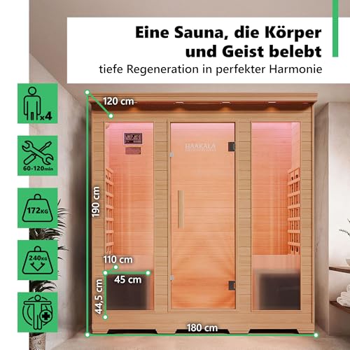 di volio Infrarotsauna Loimaa IV, Infrarotkabine für 4 Personen, aus Holz, Vollspektrumstrahler, LED-Farblichttherapie & Ionisator, 190x180x120 cm, (4-Personen)