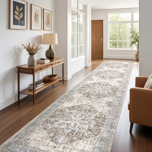 Tortania Area Rug 3x8 Runner Rugs - Washable Vintage Oriental Farmhouse Thin Indoor Carpet for Living Room Bedroom Hallway Entryway Kitchen Under Dining Table Home Office - Brown Blue