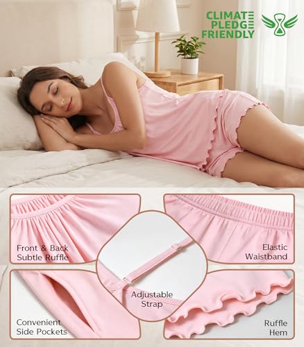 Image of NACHILA Women's Bamboo Viscose Pajama Shorts Sets-Cooling V Neck Cami Sleepwear, Soft Summer Camisoles Pjs Set with Pocket