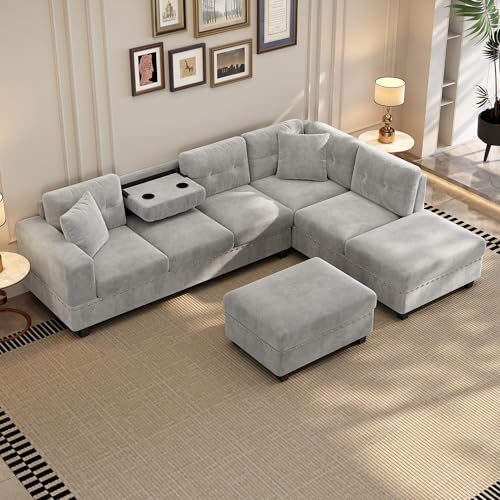 Merax Modern Sectional Sofa with Storage Ottoman, L Shaped Couch with 2 Pillows and 2 Cup Holders, Polyester Sectional Sofa with Reversible Chaise for Living Room, Home Office (Gray)