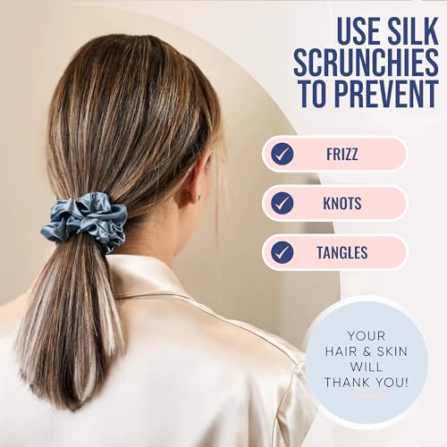 Image of Blissy Silk Scrunchies (3 Pack) - 100% Pure Mulberry Silk - 22 Momme 6A High-Grade Fibers Scrunchie for Straight & Curly Hair - Preventing Breakage, Tangling, & Creasing (Ash Blue Regular)