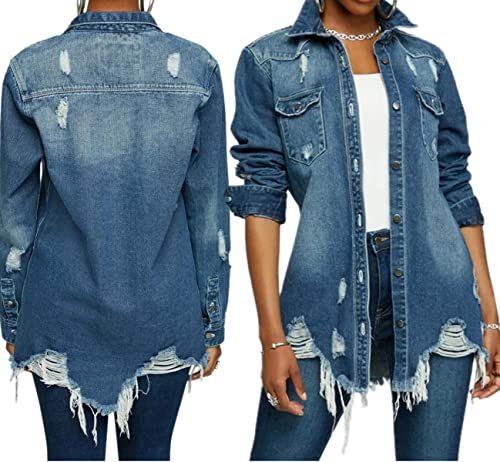 DvaeMalligo Women's Jean Jacket Distressed Button Down Long Sleeve Ripped Oversized Denim Trucker Jean Jackets2