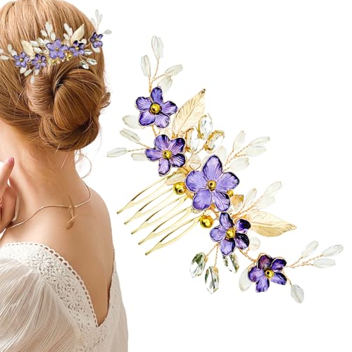 Peine para cabello de novia con flores moradas y cristales miniatura 1
