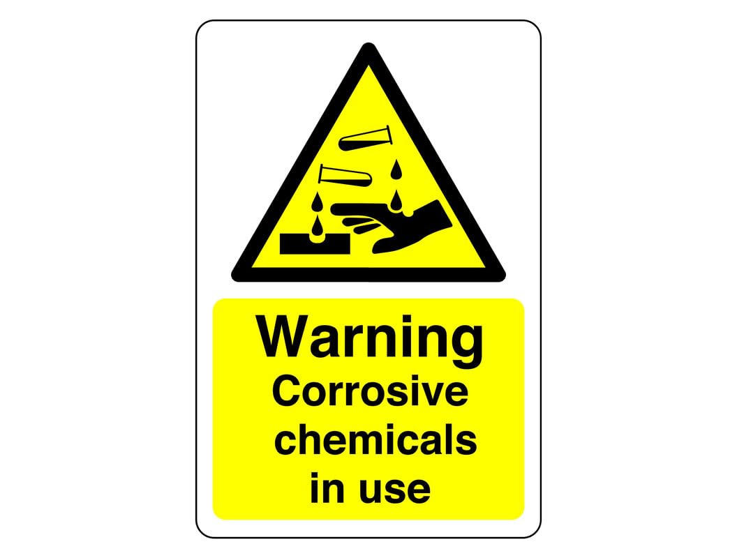 Safety First Display LTD Warning corrosive chemicals sign - High tack self-adhesive sticker (200mm x 150mm) Viewing Distance within 5m.
