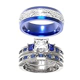 Couple Ring Bridal Set His And Hers Women 10k White Gold Filled Square Cut Blue Sapphire Men Titanium Band Wedding Ring Band Set