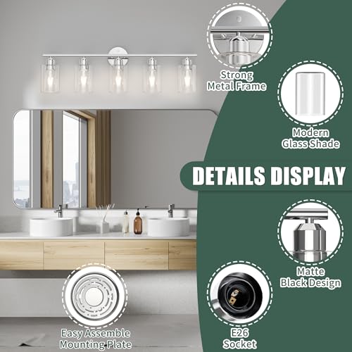 Image of Bathroom Vanity Light Fixtures Polished Chrome Bathroom Lighting Fixture, 5 Lights Bathroom Light Fixture Over Mirror, Modern Black Vanity Light, Wall Sconces with Glass Shades