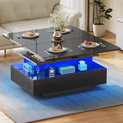 YITAHOME Couchtisch Höhenverstellbar, Wohnzimmertisch Hochglanz mit 2 Schublade und LED, Couchtische mit Verstecktem, Kaffeetisch Fach Umwandelbar in Esstisch