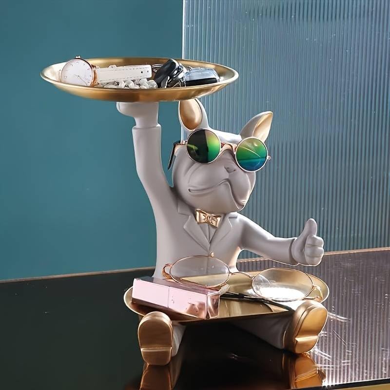 PROSFIA Resin Bulldog Desk Storage Tray Statue Metal Trays for Home Decor and Gifts Storage Animal Sculpture Table Decoration Multifunction Office Home Decor French Bulldog Figurine Storage Tray