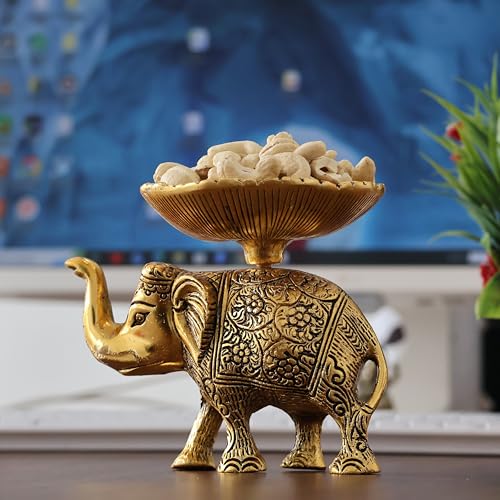 Image of KridayKraft Metal Elephant Dry Fruit Bowl Showpiece Gold Polish for Your Home,Office Table Decorative,Elephant Showpiece Bowl for Gift,Animal Figurines