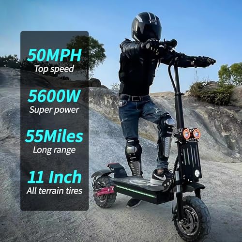 H1 GEN2 Electric Scooter for Adults 5600W Dual Motor Up to 50MPH,Battery Range to 55Miles Fast Sports Escooter 11″ Off Road Tires 800lbs Max Load Folding Scooter for Teens with Detachable Seat